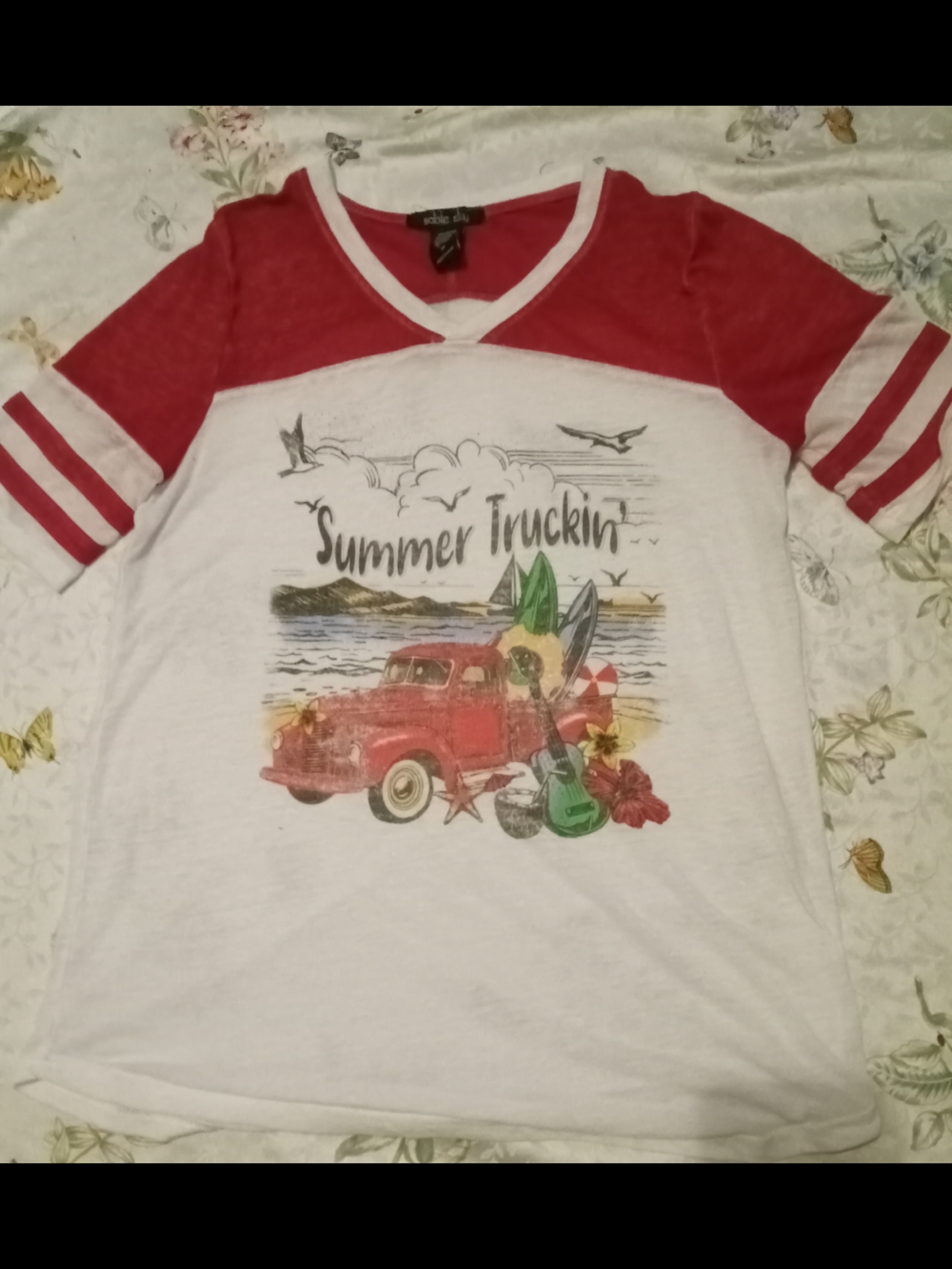 Summer Truckin' Graphic Ringer Tee - Red & White